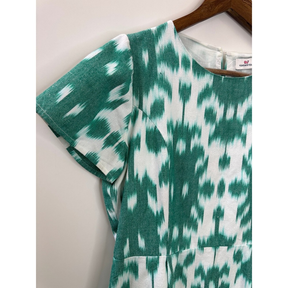 Vineyard Vines Green White Ikat Print Fit & Flare Short Sleeve Dress Size 10 - Picture 3 of 13